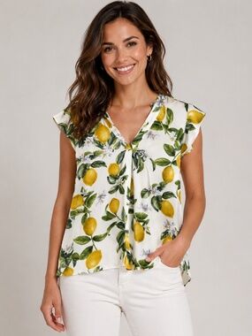 Cupcakes and Cashmere Lemon Print Sleeveless Blouse XS
